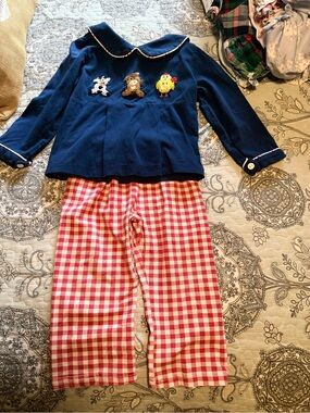Kids Navy Blue Animal Applique Pajama Set with Red Gingham Pants